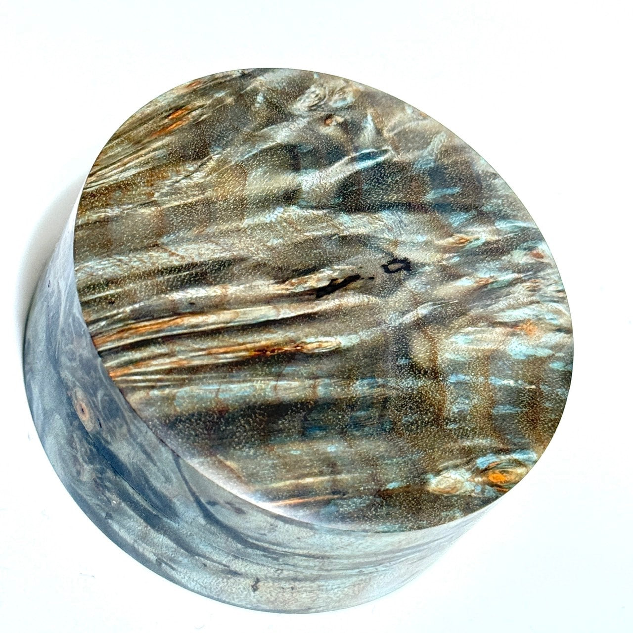 スタビライズド・ウッドの香合(楓瘤) ターコイズ色 70mm 切立型 1タッチ式