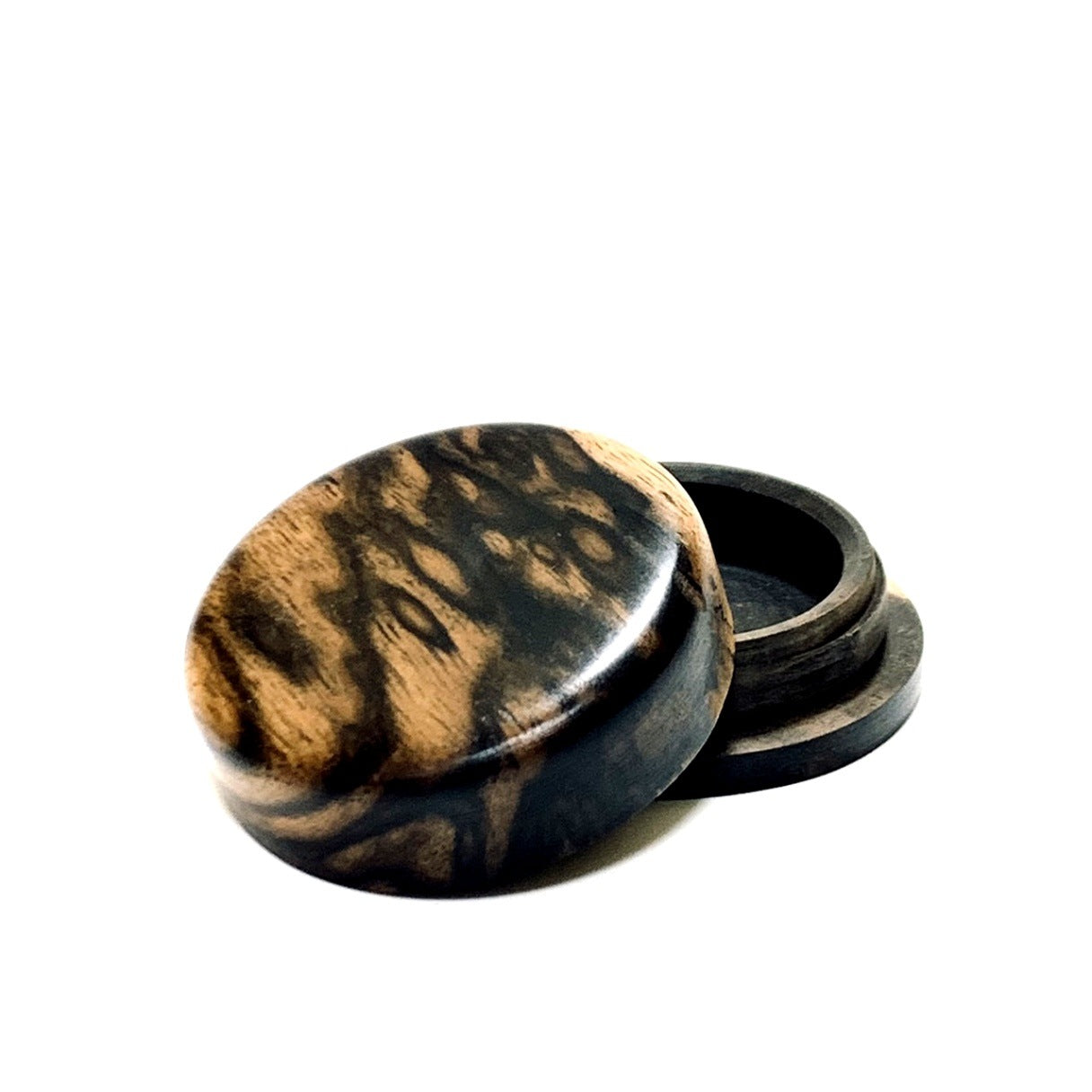 黒柿の香合　孔雀杢　60mm　千代型　1タッチ式　特上