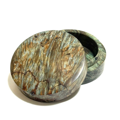 スタビライズド・ウッドの香合（楓瘤）　緑青色　80mm　切立型　1タッチ式