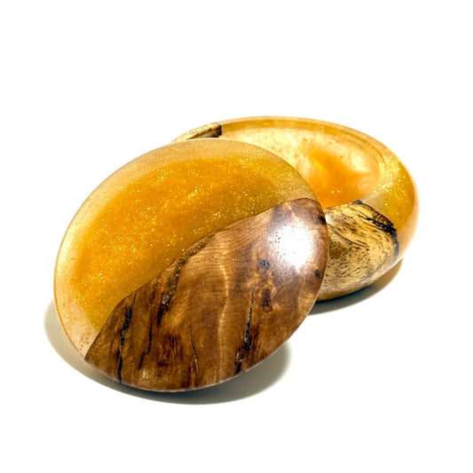 ハイブリッド・ウッドの香合（花梨瘤）　黄金色　70mm　まんじゅう型　1タッチ式