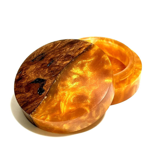 ハイブリッド・ウッドの香合（楓瘤）　黄金色　70mm　切立型　1タッチ式