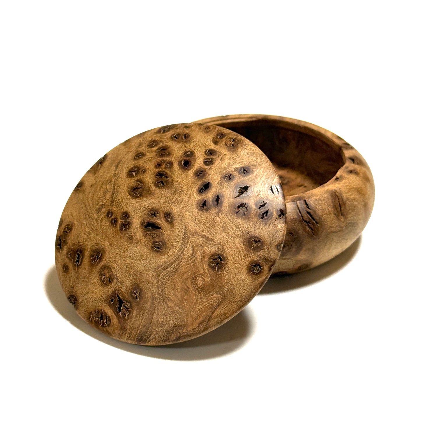 High-quality 70mm burl wood incense box, bun-shaped, one-touch opening.