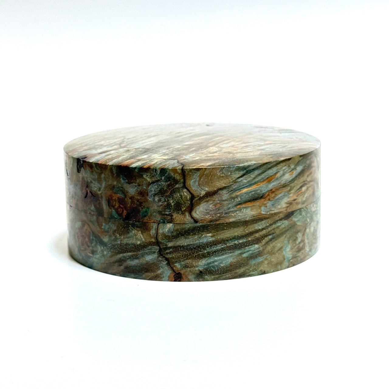 スタビライズド・ウッドの香合（楓瘤）　緑青色　80mm　切立型　1タッチ式