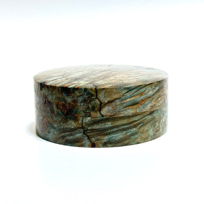 スタビライズド・ウッドの香合（楓瘤）　緑青色　80mm　切立型　1タッチ式