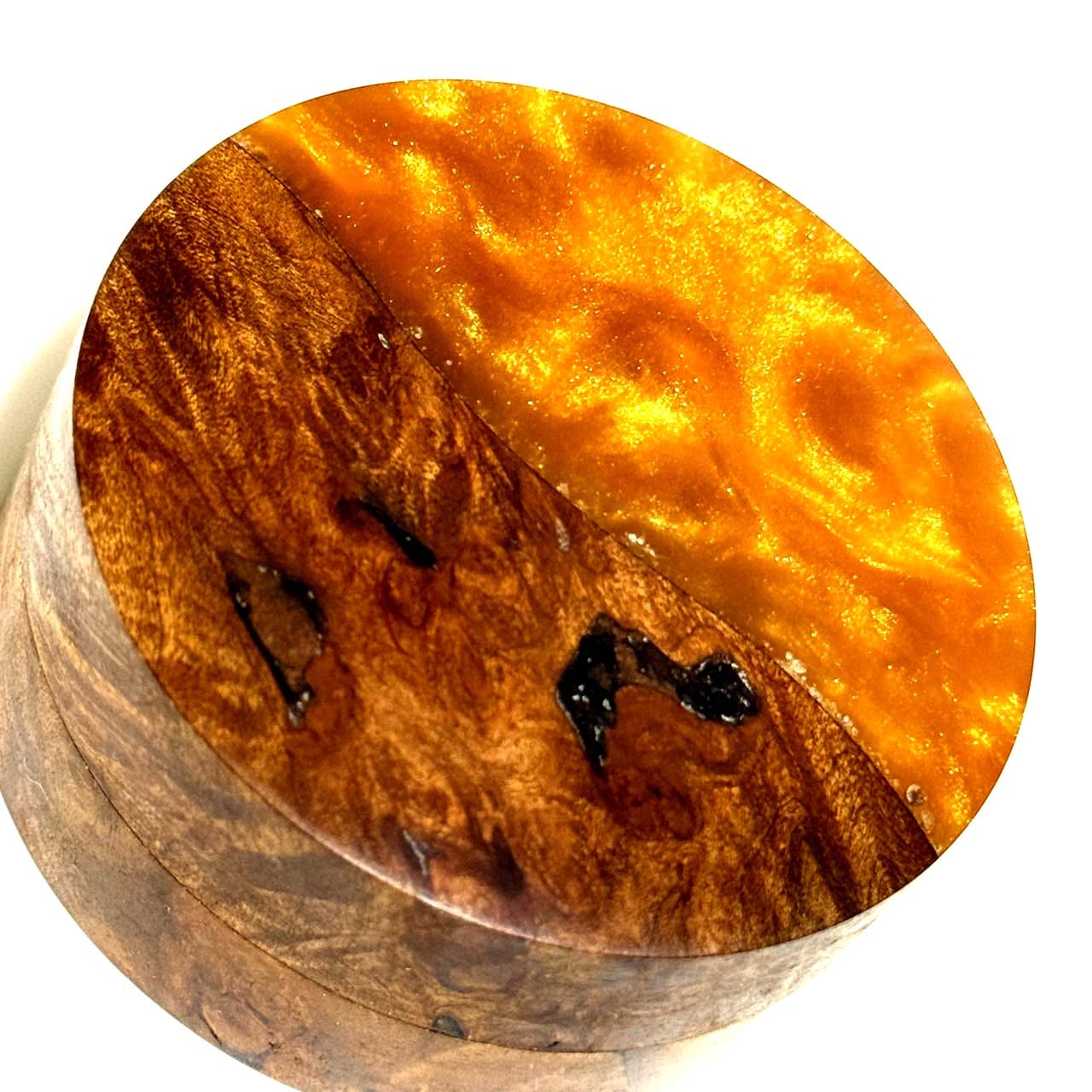 ハイブリッド・ウッドの香合（楓瘤）　黄金色　70mm　切立型　1タッチ式