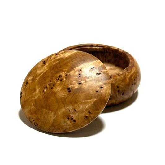 Mizume cherry burl incense box, 60mm, bun-shaped, one-touch closure, top quality.