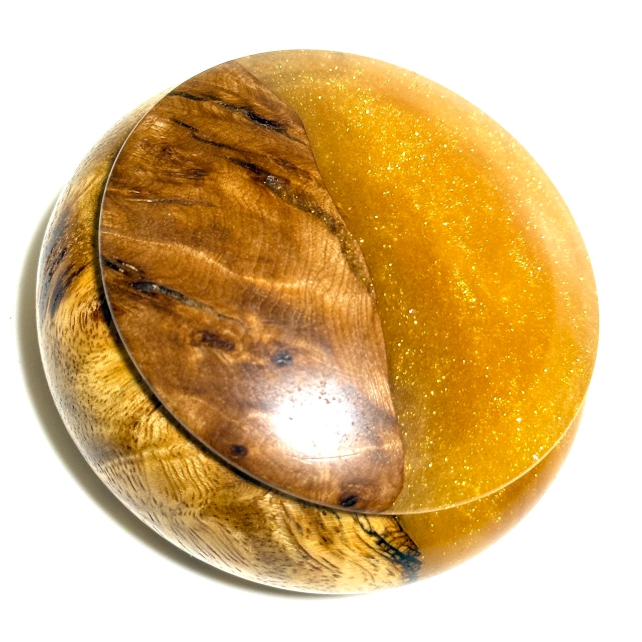 ハイブリッド・ウッドの香合（花梨瘤）　黄金色　70mm　まんじゅう型　1タッチ式