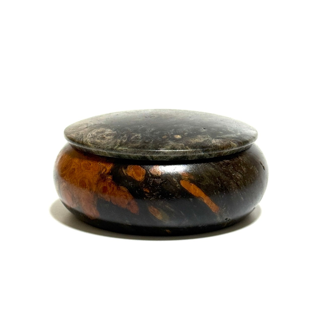 スタビライズド・ウッドの香合（花梨瘤）　墨色　70mm　まんじゅう型　1タッチ式