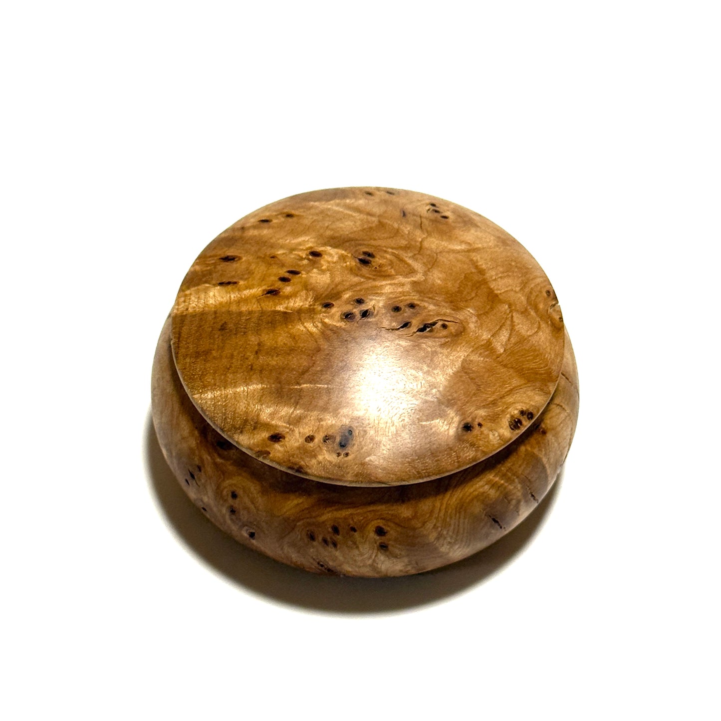 Mizume cherry burl incense box, 60mm, bun-shaped, one-touch closure, top quality.