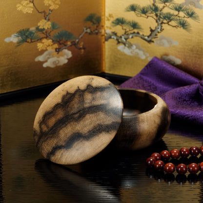 Black Persimmon Incense Box, "Vertical Wood Cut," 60mm, Manju Shape, One-Touch Opening, Premium Quality
