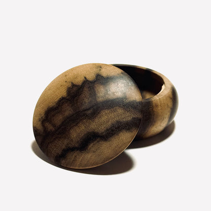 Black Persimmon Incense Box, "Vertical Wood Cut," 60mm, Manju Shape, One-Touch Opening, Premium Quality
