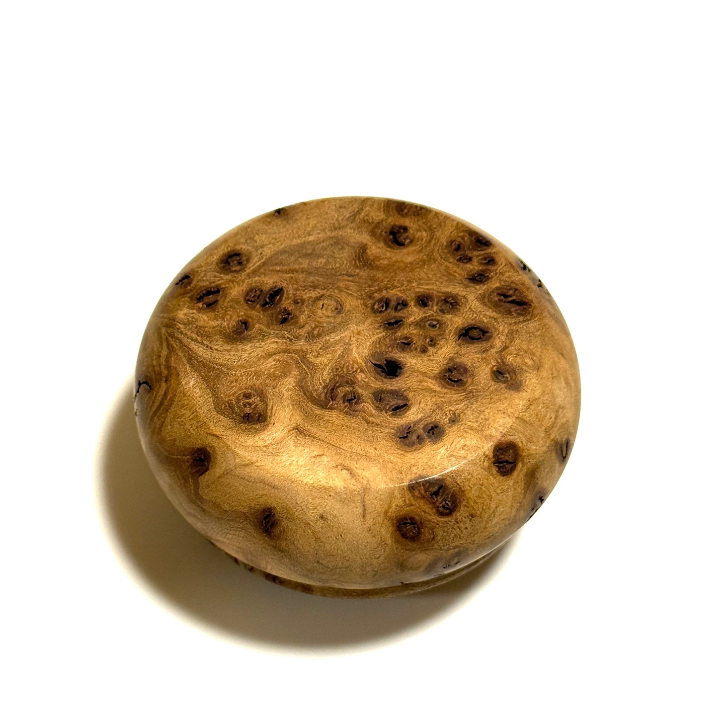 High-quality 70mm burl wood incense box, bun-shaped, one-touch opening.