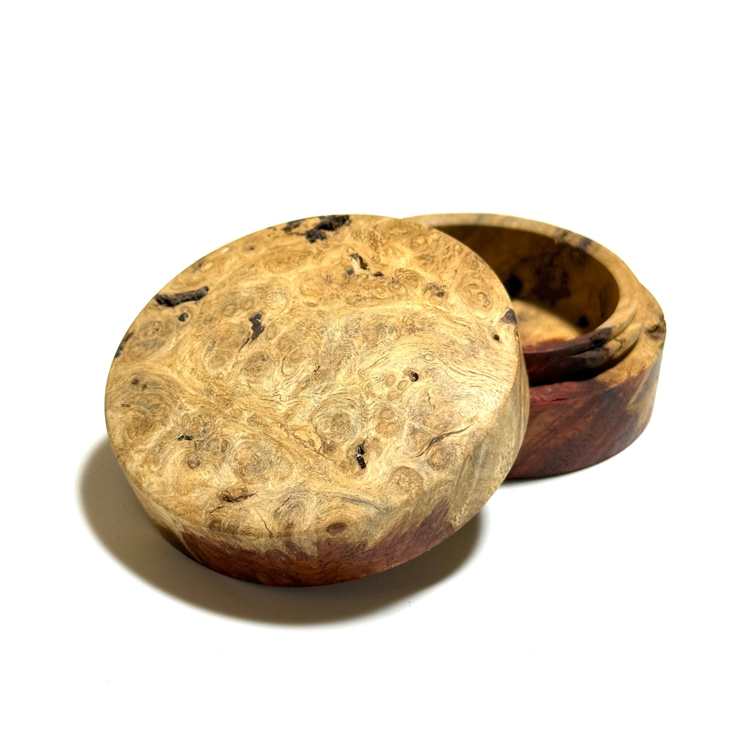 Karin burl incense box, 60mm, straight-sided, "Yugasumi" (evening mist) design, one-touch type.