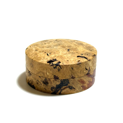 Karin burl incense box, 60mm, straight-sided, "Yugasumi" (evening mist) design, one-touch type.