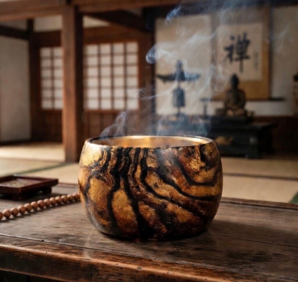 Black persimmon wood incense burner, titled "Genyo" (approximately 100mm in diameter)
