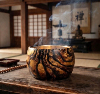 Black persimmon wood incense burner, titled "Genyo" (approximately 100mm in diameter)