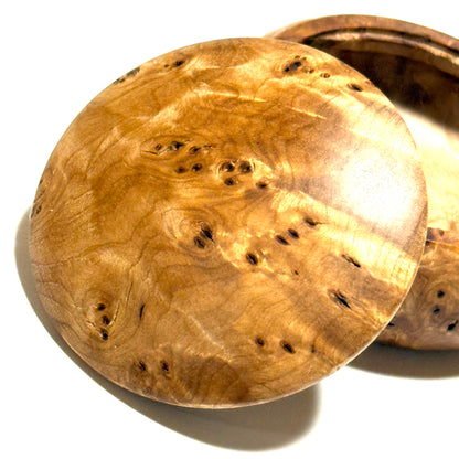 Mizume cherry burl incense box, 60mm, bun-shaped, one-touch closure, top quality.