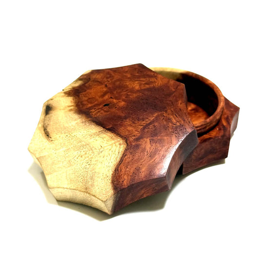 九拝香合　花梨瘤紅白杢の香合　70mm　九角形型　1タッチ式　極上