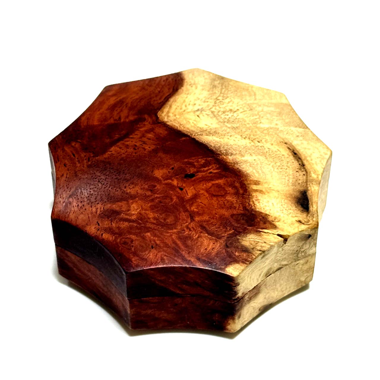 九拝香合　花梨瘤紅白杢の香合　70mm　九角形型　1タッチ式　極上