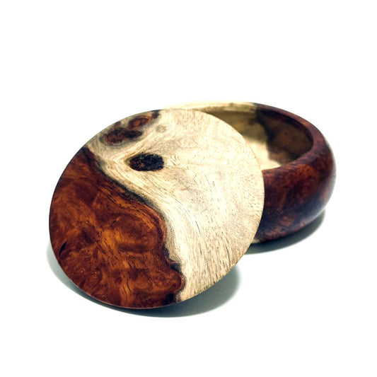 花梨瘤紅白杢の香合　70mm　まんじゅう型　1タッチ式