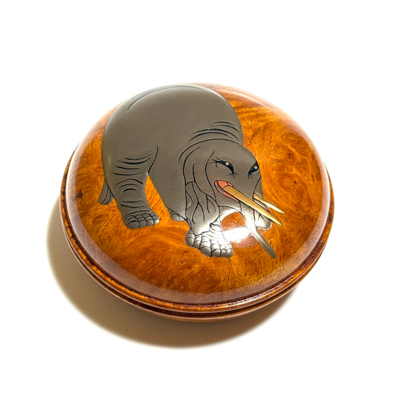 俵屋宗達「白象」高蒔絵の香合　花梨瘤　70mm　はまぐり型　1タッチ式　極上