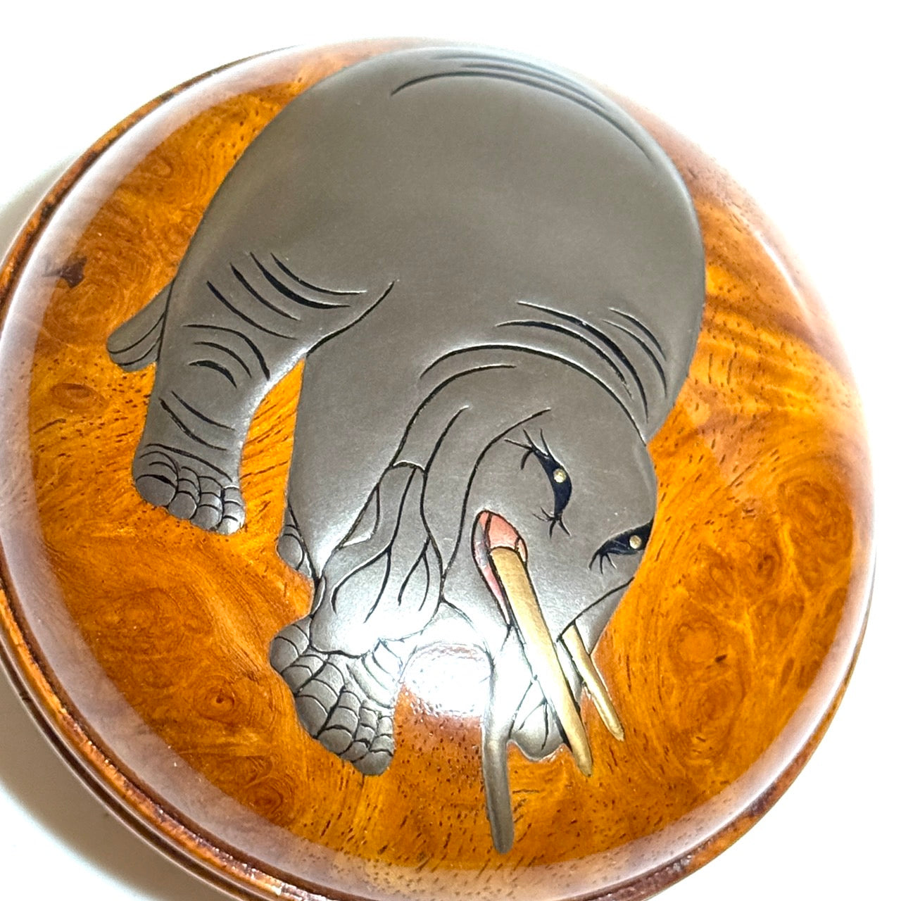 俵屋宗達「白象」高蒔絵の香合　花梨瘤　70mm　はまぐり型　1タッチ式　極上